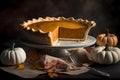 Traditional pumpkin pie on a cake stand with little pumpkins around, generative AI
