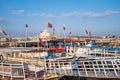 Traditional Qatari dhow boats with the skyline of Doha West Bay skyscrapers Royalty Free Stock Photo