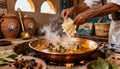 Authentic Qatari Margooqa Preparation with Bread and Lamb in Heritage Kitchen Royalty Free Stock Photo