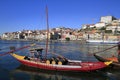 Traditional rabelo boats, Porto city skyline, Douro river and and Dom Luis or Luiz iron bridge. Porto