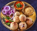 Indian meal-Dal baati churma served in traditional brass plate