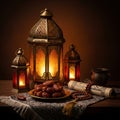 Ramadan Iftar Table Setting with Dates, Lanterns, and Prayer Beads on a Rustic Wooden Surface Royalty Free Stock Photo