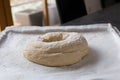 Raw ciabatta bread on a baking tray. Ready to bake Royalty Free Stock Photo