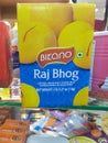 Traditional ready food Raj Bhog in Indian supermarket.