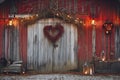 A traditional red barn with a heart-shaped symbol on its door stands in a rural landscape, An old rustic barn decorated with heart Royalty Free Stock Photo