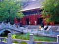 Traditional red building in China, nature, river, bridge, tourism and trees