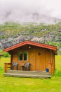 Traditional red camping houses in Lunde Camping, Norway. Classical Norwegian Camping site with traditional wooden red cottages, Royalty Free Stock Photo