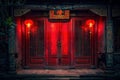 Traditional red chinese door glowing at night with lanterns