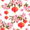 Traditional red chinese lantern in spring pink flowers - apple, plum, cherry, sakura. Seamless pattern. Watercolor Royalty Free Stock Photo