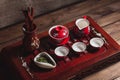 Traditional red chinese tea set, red porcelain with traditioanl chinese theatre masks