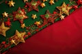 traditional red and green christmas border with golden stars Royalty Free Stock Photo