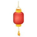Traditional red lantern, hanging lamp with rope, Japanese street light decorated with gold elements and tassel in Royalty Free Stock Photo