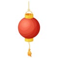 Traditional red lantern, hanging lamp with rope, Japanese street light decorated with gold elements and tassel in Royalty Free Stock Photo