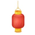 Traditional red lantern, hanging lamp with rope, Japanese street light decorated with gold elements and tassel in Royalty Free Stock Photo