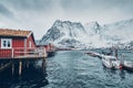 Traditional red rorbu houses in Reine, Norway