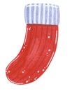 Traditional red sock for presents. Christmas hand drawn watercolor illustration