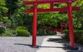 Traditional, red Torii and entrance path to japanese Jigoku Meguri Shinto Shrine between a green landscape. In Beppu, Oita