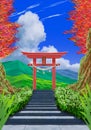 A traditional red torii gate shrine on the stone stair beautiful landmark travel place. Spring seasons Japanese landscape with a