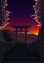 A traditional red torii gate shrine on the stone stair on the sunset landmark travel place. Spring seasons Japanese landscape with