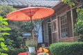 traditional red umbrella in garden for green tea ceremony