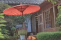 traditional red umbrella in garden for green tea ceremony