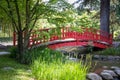 Traditional red wooden bridge on a japanese garden pond Royalty Free Stock Photo