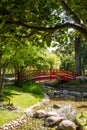 Traditional red wooden bridge on a japanese garden pond Royalty Free Stock Photo