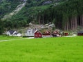 Traditional red wooden houses with plants and grass on the roof. Houses and farms in a green valley near big mountain. copy space Royalty Free Stock Photo