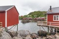 Traditional red wooden houses, rorbuer in the small fishing village of Nusfjord, Lofoten islands, Norway Royalty Free Stock Photo