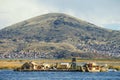 The traditional reed boat and houses on Lake Titicaca, a large, deep lake in the Andes on the border of Bolivia and Peru, often ca