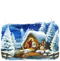 Religious illustration three kings - and holy family - traditional scene with sheep and donkey - illustration for children Royalty Free Stock Photo