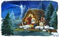 Religious illustration three kings - and holy family - traditional scene with sheep and donkey - illustration for children Royalty Free Stock Photo