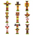 Traditional religious Totem Poles set, native culture tribal symbol, carved idol masks vector Illustrations Royalty Free Stock Photo