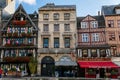 Traditional restaurant La Couronne on the streets of the old town of Rouen with traditional half-timbered heritage houses. Rouen,