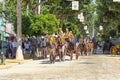 Traditional riding horse carriages celebrating Seville`s April Fair. Royalty Free Stock Photo