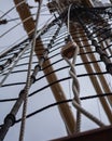 Traditional rigging, wooden block and ropes on the deck of US coastguard tallship Eagle Royalty Free Stock Photo