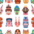 Traditional ritual or ceremonial tribal masks vector flat illustration. Colorful shapes of human face or animal`s muzzle