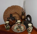 Traditional Romainian hand painted dishes, old lamp, old iron from Transilvanya