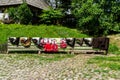 Traditional romanian clothes exposed at Bucovina Village Museum or National Museum of Bukovina. Suceava, Romania