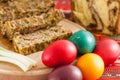 Traditional romanian easter dishes colored eggs sponge cake and meat cake Royalty Free Stock Photo