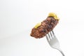 Traditional Romanian grilled minced meat, mici or mititei on a metal fork