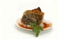 Traditional Romanian homemade pork trotter jelly dish called piftie. Jellied pork aspic made with pork meat served with paprika Royalty Free Stock Photo