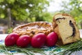 Traditional Romanian pasca, sweet bread and Easter eggs Royalty Free Stock Photo