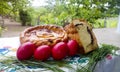 Traditional Romanian pasca, sweetbread, and Easter eggs Royalty Free Stock Photo