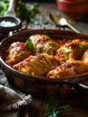 Traditional Romanian sarmale, or cabbage rolls stuffed with minced meat and rice, served in a rustic clay dish. This Royalty Free Stock Photo