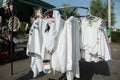 Traditional Romanian white shirts on hangers