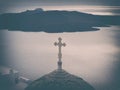 Traditional church roof top in Santorini island Royalty Free Stock Photo