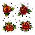 Traditional rose tattoo. Flower paint. Old school retro flash. American style. Petals and leaves. Blossom bud element Royalty Free Stock Photo