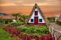 Traditional rural house in Santana Madeira, Portugal. Sunset vie Royalty Free Stock Photo