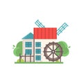 Traditional rural water mill, ecological agricultural manufacturing vector Illustrations on a white background